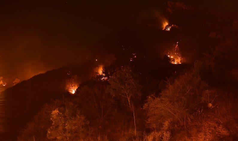 en las colinas sobre la Universidad Pepperdine durante el incendio de Woolsey, 12 de noviembre de 2018 en Malibu, California.