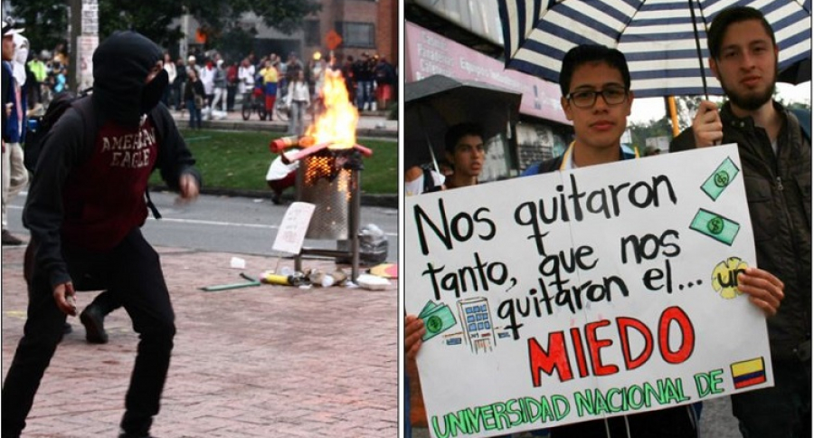 Dos formas de protesta: jóven encapuchado, frente a jóvenes con cartel