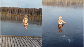 Joven salta a lago congelado.