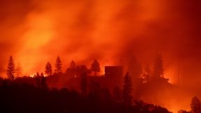 Las llamas de Camp Fire en la cima de una colina de Big Bend, California