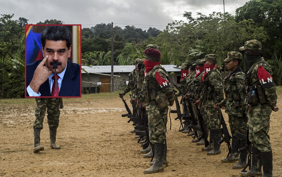 Guerrilleros del Eln y Nicolás Maduro, presidente de Venezuela.