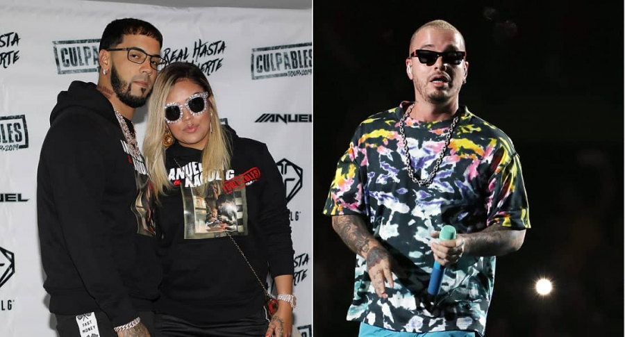 Anuel AA, Karol G y J Balvin, cantantes.