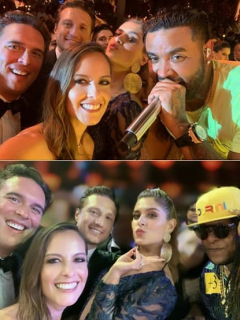 Rosa María Corcho, Andrea Jaramillo, Laura Acuña (con su esposo Rodrigo Kling) y Laura Tobón (con su marido Álvaro Rodríguez), presentadoras, y los cantantes Zion y Lennox.