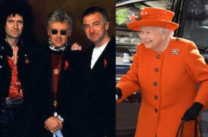 Brian May, Roger Taylor, John Deacon y la Reina Isabel II