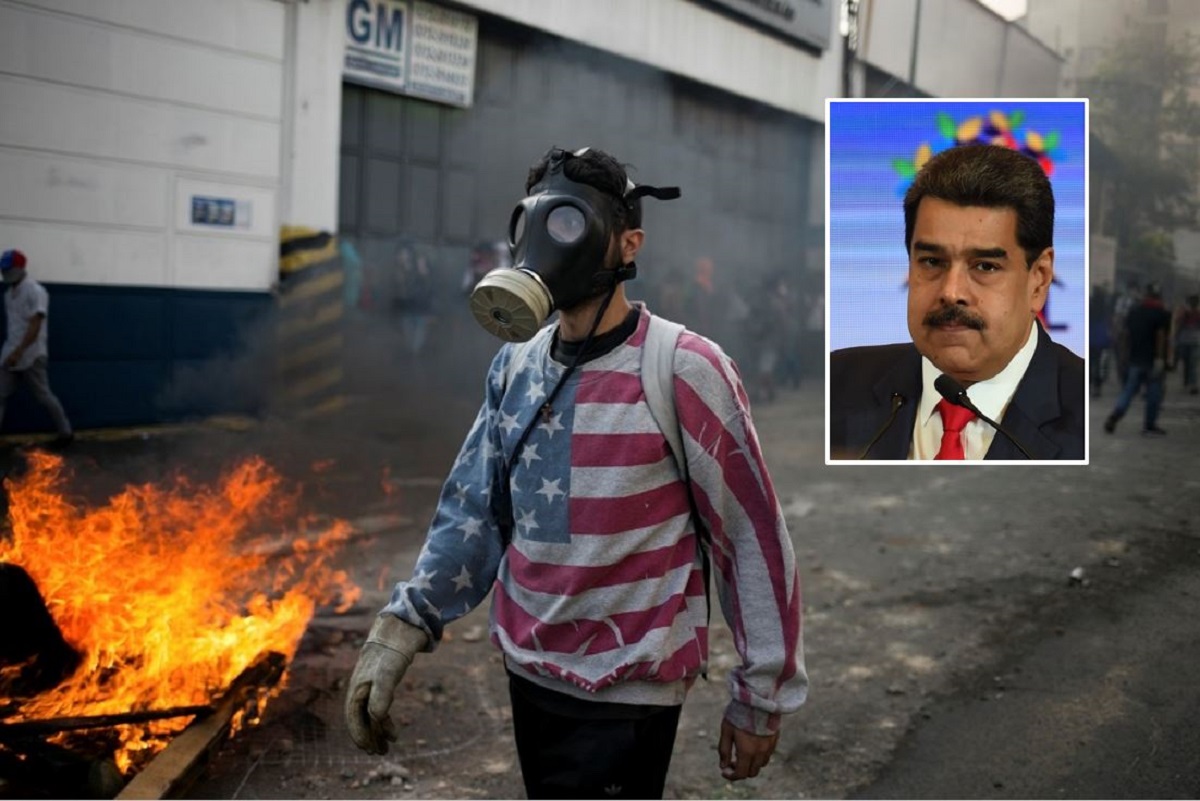 Manifestante y Nicolás Maduro