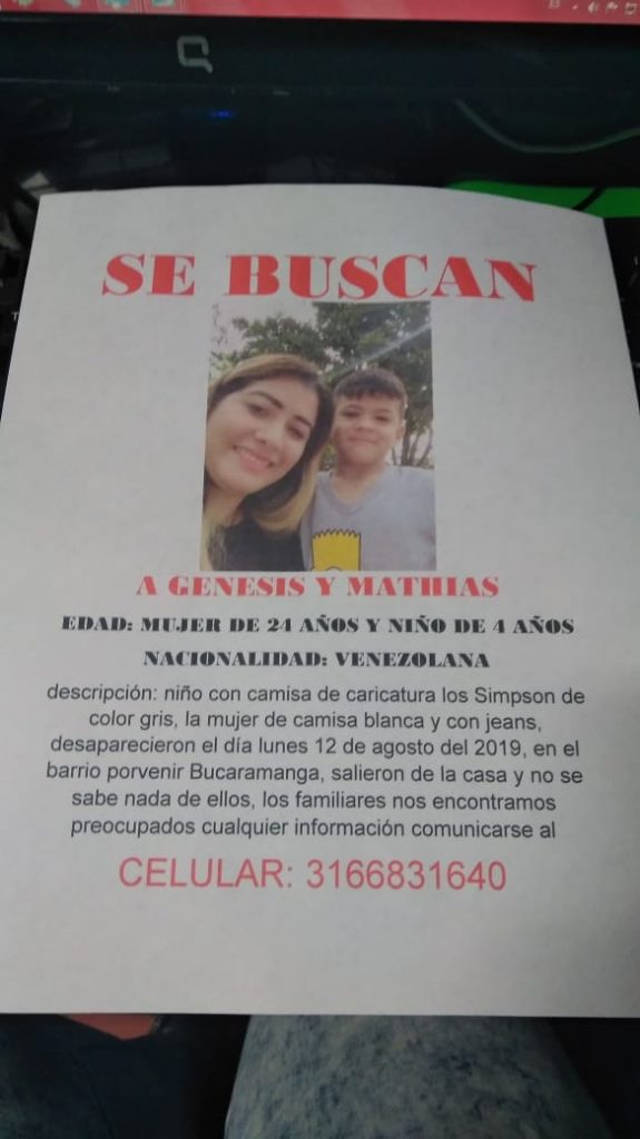 Pafleto con el que buscan a la venezolana y a su hijo en Bucaramanga