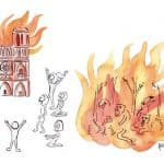 Dibujo sobre incendio en Notre Dame y Amazonas