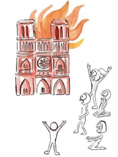 Dibujo sobre incendio en Notre Dame y Amazonas