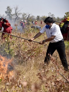 Evo Morales, presidente de Bolivia, ayuda a apagar incendios