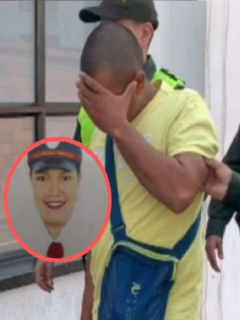 El presunto homicida acompañado por policías; en el círculo, la mujer asesinada