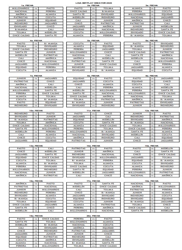 Calendario completo de la liga colombiana en 2020