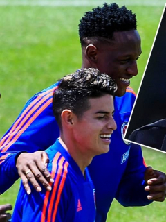 Yerry Mina, James Rodríguez y Carlo Ancelotti