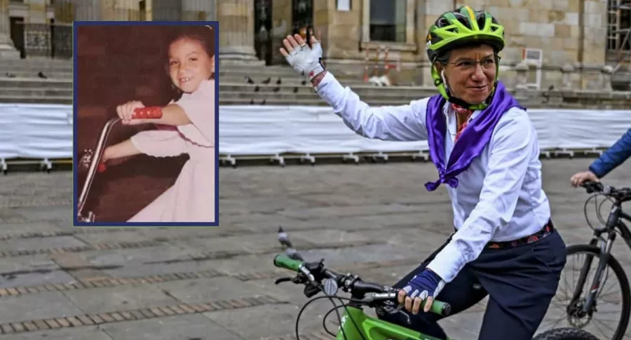 Claudia López montando bicicleta siendo alcaldesa de Bogotá y en su niñez.