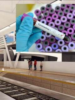 Imagen de referencia del Metro de Bogotá y un examen de coronavirus