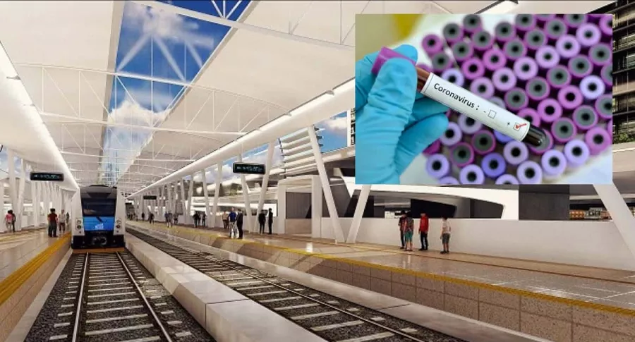 Imagen de referencia del Metro de Bogotá y un examen de coronavirus