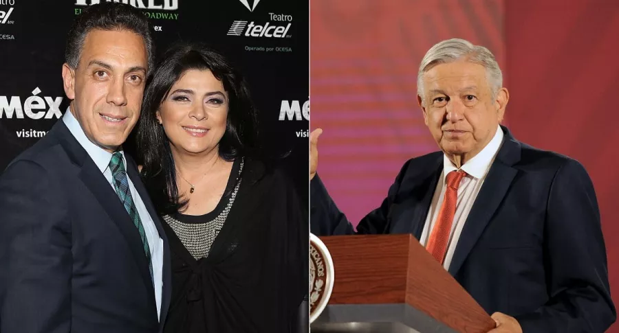 Omar Fayad, gobernador de Hidalgo, con su esposa, la actriz Victoria Ruffo; y Andrés Manuel López Obrador, presidente de México.