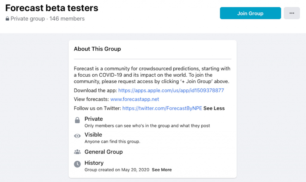 Captura de pantalla: Grupo "Forecast beta testers" de Facebook
