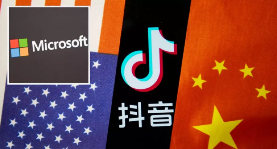 Bandera de Estados Unidos / Logos de Microsoft y TikTok / Bandera de China
