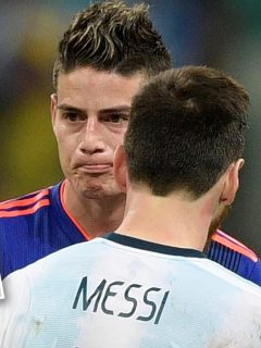 Valenciano pide a James como reemplazo de Messi en el Barcelona. En la foto, ambos jugadores en la última Copa América.