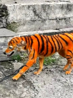 Perro que vándalos pintaron para que pareciera un tigre.