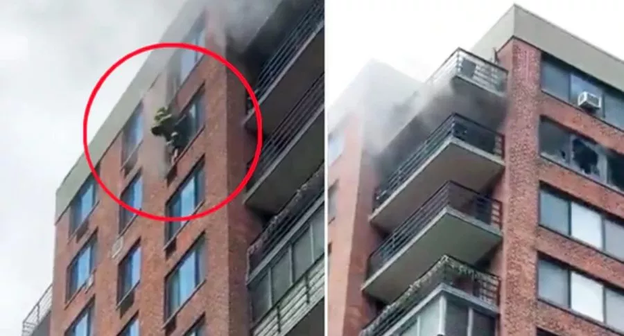 Captura de pantalla que muestra a bombero salvando a mujer atrapada en piso 16 en Nueva York