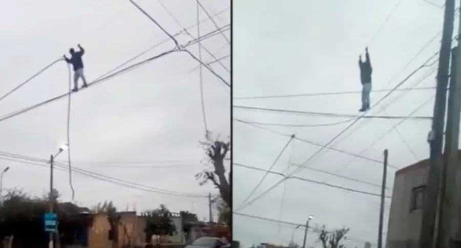 Capturas de pantalla de hombre sobre cables eléctricos a 10 metros de altura para robar luz