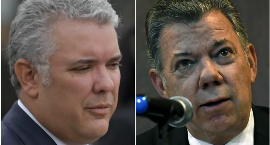 Iván Duque, que no nombra a Juan Manuel Santos, y el expresidente. (Fotomontaje de Pulzo)