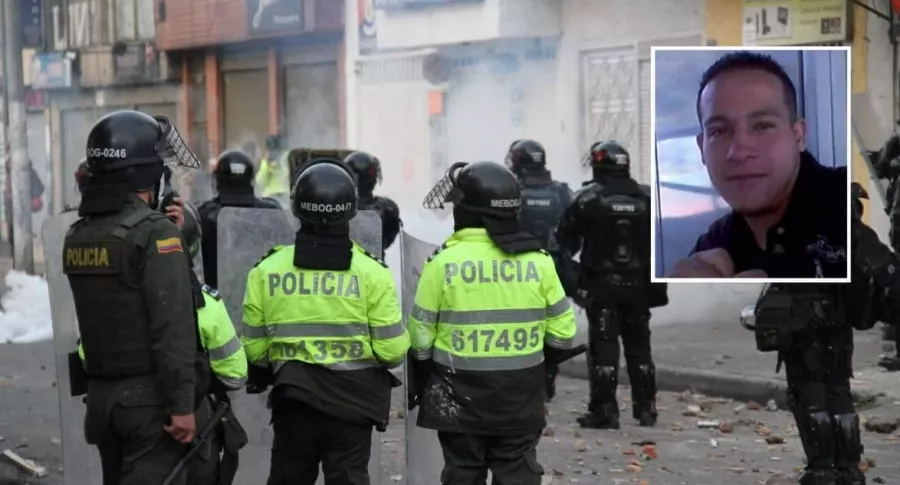 Foto de la Policía Nacional durante los disturbios en Bogotá, registrados tras la muerte del abogado Javier Ordóñez. Durante los desmanes, murió un domiciliario de 25 años (fotomontaje de Pulzo).