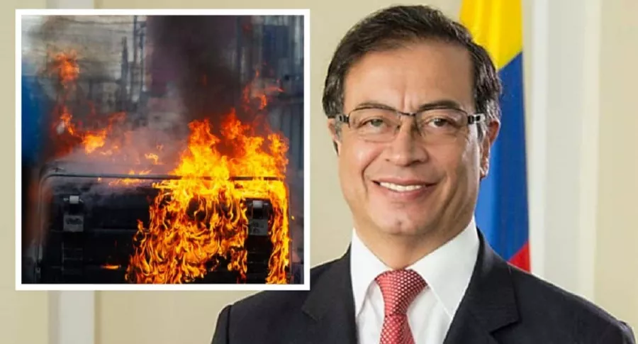 Imagen de incendio en protesta en Villa Luz (Bogotá) junto a foto de Gustavo Petro, a quien columnistas acusan de “pirómano”.