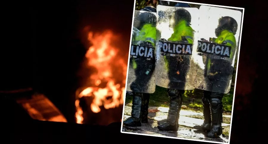 Quemas durante protestas en Bogotá y policías, que hablaron de heridas que sufrieron. 
