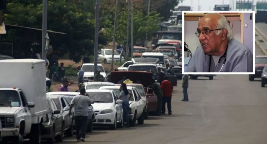 Foto de venezolanos haciendo fila para echarles gasolina a sus carros que ilustra nota de cirujano venezolano que estuvo en una cola de 13 horas para poner gasolina (fotomontaje de Pulzo).