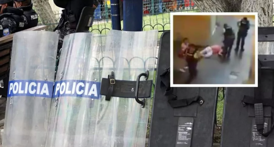 Imagen de varios escudos de la policía de Ecuador ilustra nota sobre 3 uniformados en Guayaquil que patearon a un ciudadano cuando estaba en el piso.