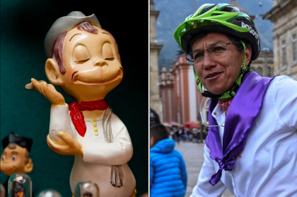 Muñeco del popular personaje mexicano Cantinflas, al lado de Claudia López.