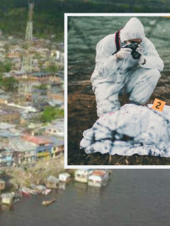 Municipio de El Charco, Nariño, (donde este domingo 20 de septiembre, se reportó la masacre de 4 personas), junto a imagen de referencia de un hombre fotografiando un cadáver.