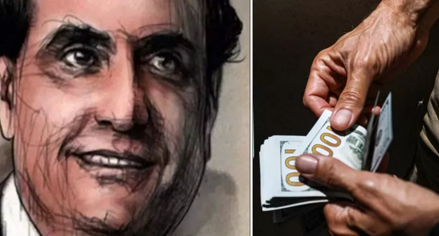 Composición de dibujo de Álex Saab y conteo de dólares ilustra artículo sobre su rastro en escándalo de blanqueo de grandes bancos.