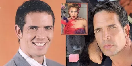 Diego Ramos cuando hizo de Sandro Billycich en 'Pedro, el escamoso', en ‘Casa Valentina’ vestido de mujer, y en una selfi de 2019.