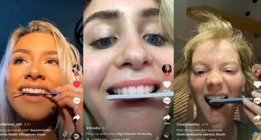 Capturas de pantalla de mujer limándose los dientes en TikTok