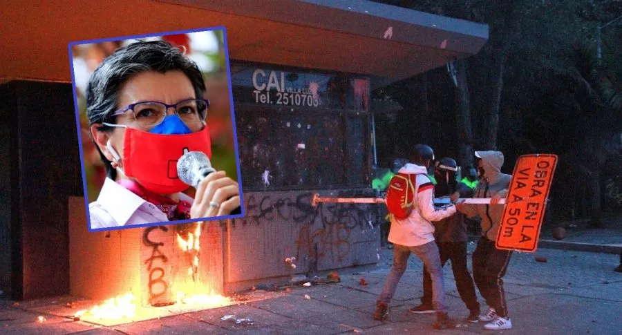 Claudia López e imagen de disturbios en Bogotá, en los que participó el Eln. (Fotomontaje de Pulzo)