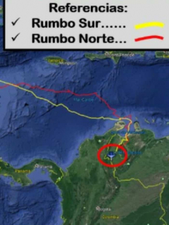 Mapa del recorrido del narcojet que se estrelló en Guatemala procedente de Venezuela. Rumbo sur: línea amarilla; rumbo norte: línea roja.
