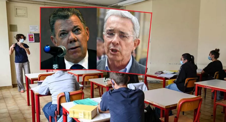 Imágenes de estudiantes, de Juan Manuel Santos y de Álvaro Uribe ilustran nota sobre tarea sesgada con pusieron en Envigado. (Fotomontaje de Pulzo)