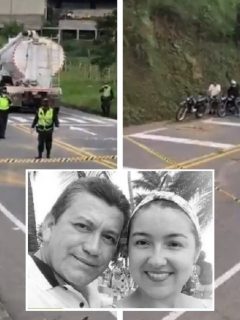 Accidente de tránsito en vía Pereira-Armenia, donde murieron esposos Hárold Peña y Elizabeth Gómez (recuadro del centro) este 26 de septiembre.