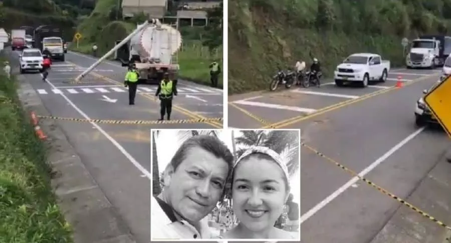 Accidente de tránsito en vía Pereira-Armenia, donde murieron esposos Hárold Peña y Elizabeth Gómez (recuadro del centro) este 26 de septiembre.