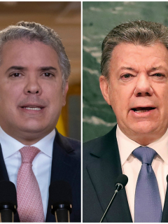 Iván Duque, que presentó un video de ayudas que dio Santos, y Juan Manuel Santos. (Fotomontaje Pulzo)