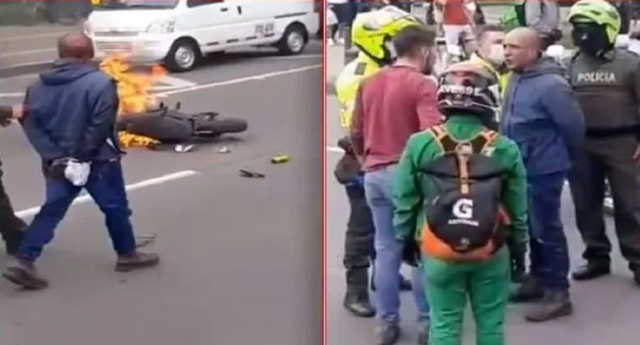 Imágenes de la quema de moto a presuntos fleteros en Bogotá