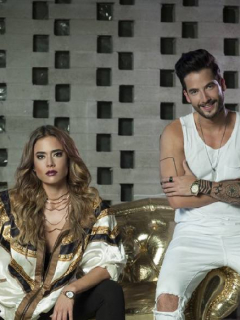 Juan Manuel Restrepo, Juan Sebastián Silva, Carolina Ramírez y Carlos Torres, actores de 'La reina del flow', novela que retomó grabaciones en pandemia.