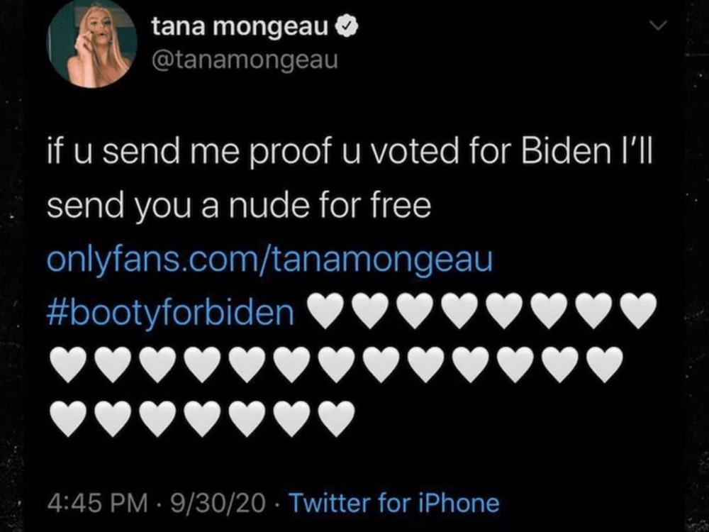 Tuit de Tana Mongeau ofreciendo fotos desnuda a quien vote por Joe Biden