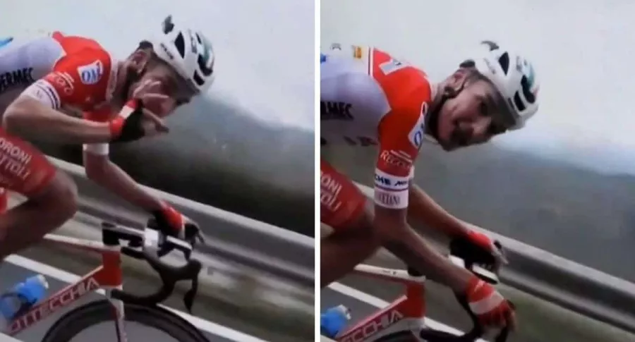 Simon Pellaud mostrando un bocadillo colombiano en el Giro de Italia