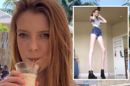 Maci Currin, quien batió el récord como la mujer y adolescente con las piernas más largas del mundo, posando para sus redes sociales.