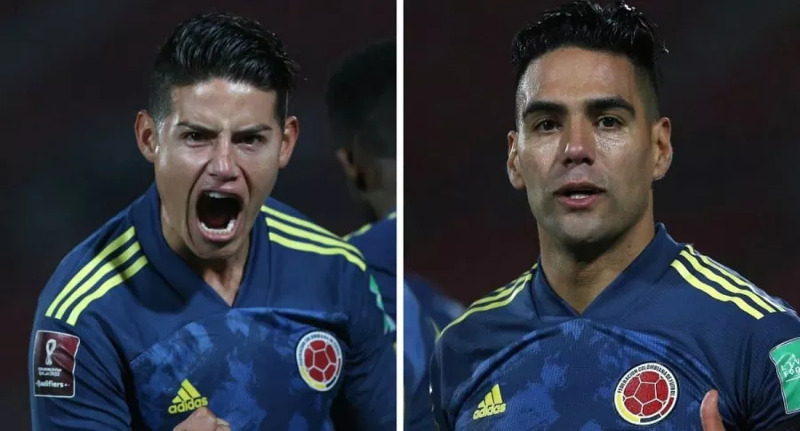 James Rodríguez y Falcao García celebrando el gol del empate de Colombia contra Chile