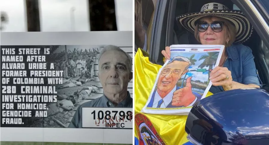 Pancarta en rechazo a calle ‘Álvaro Uribe Way’ / Mujer colombiana en Miami muestra su apoyo a calle en honor a Álvaro Uribe, la cual fue inaugurada este sábado.